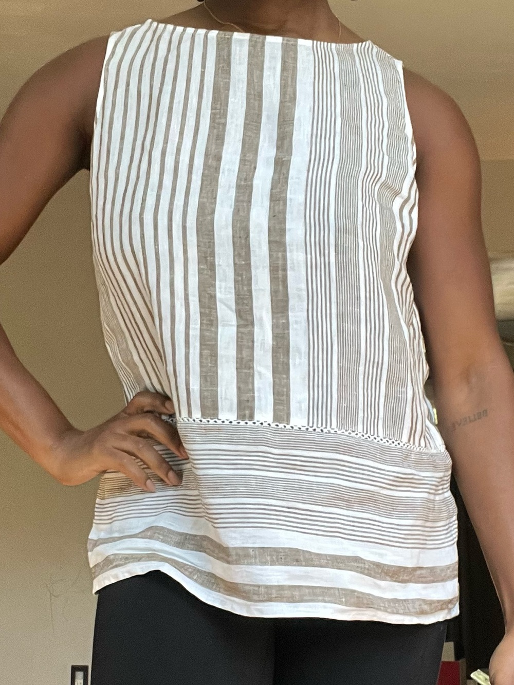 Striped 100% Linen Blend Sleeveless Top in Cream and Brown